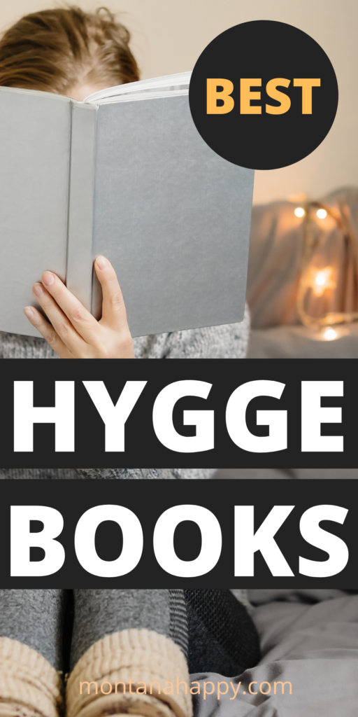 Best Hygge Books to Read - Woman with book in front of her face on her bed with fairy lights.  Pin for Pinterest