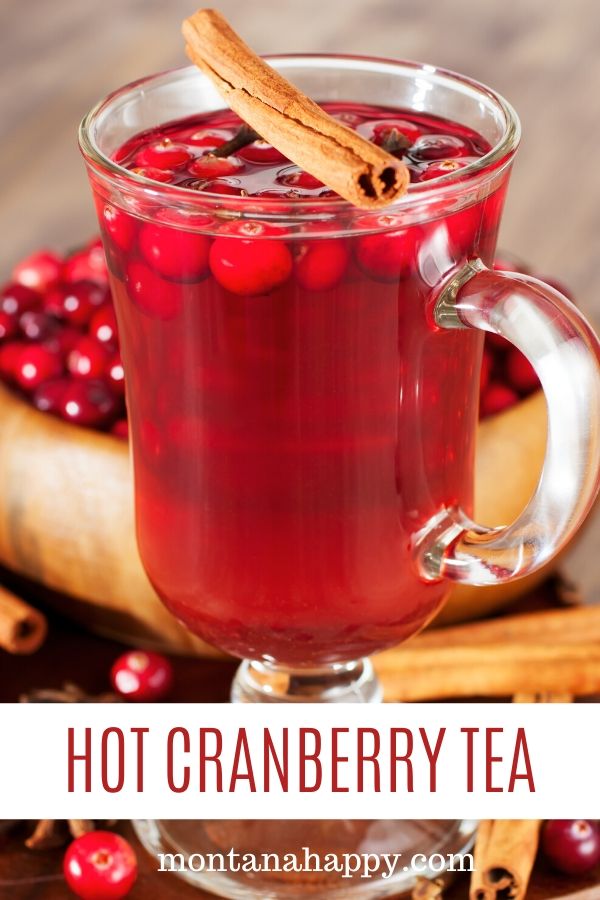 Pin for Pinterest Clear Glass Mug of Cranberry Tea and Cinnamon Stick laying on top 