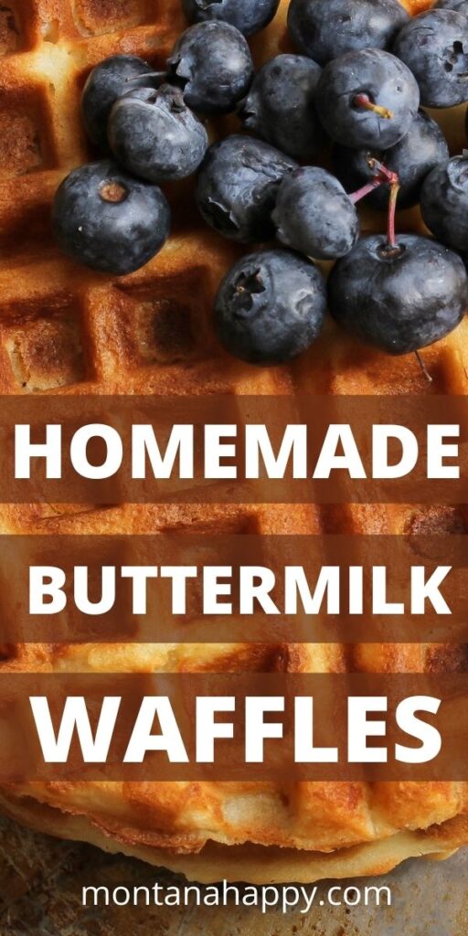 Close up buttermilk waffles and fresh blueberries Pin for Pinterest 